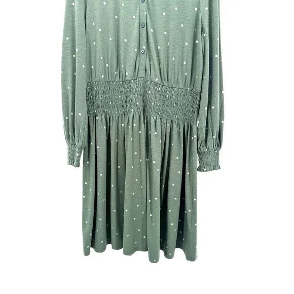 Boden Smocked Button Front Long Sleeve Cotton Blend Dress Green Dots 12R NWT - Picture 12 of 12